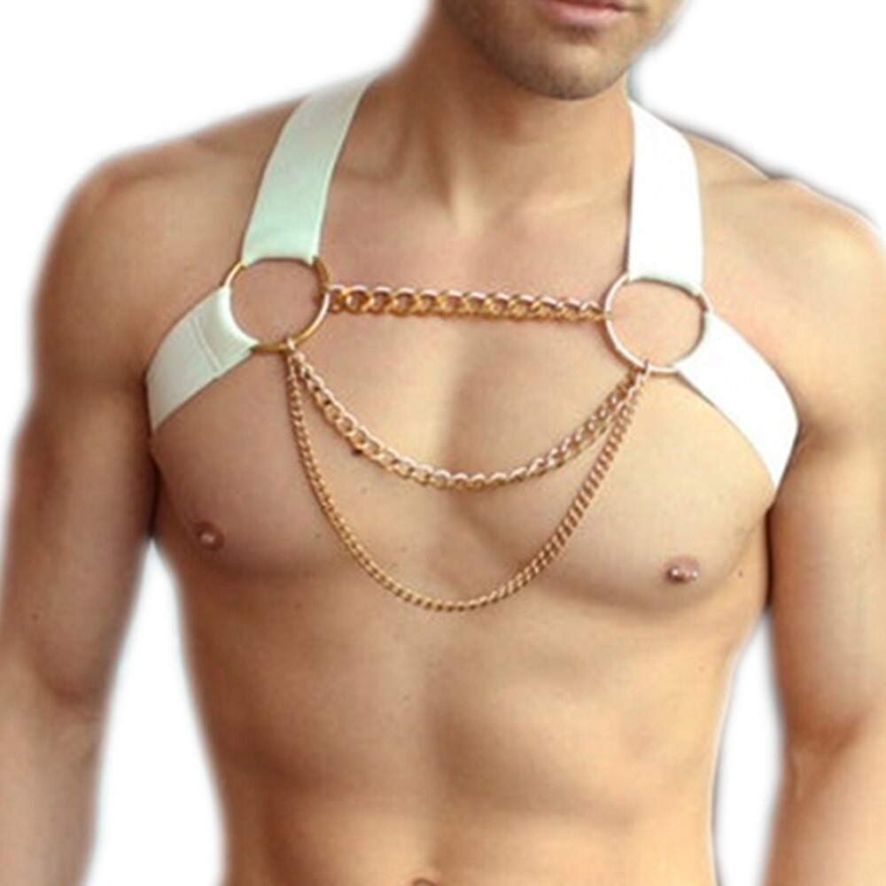 Seductive men's chest harness with chain in white - punk style lingerie and BDSM accessory for bold fashion.