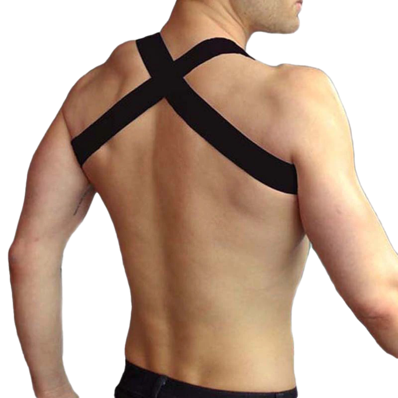 Men's chest harness in black, showcasing a punk style design with cross straps on a model's back.