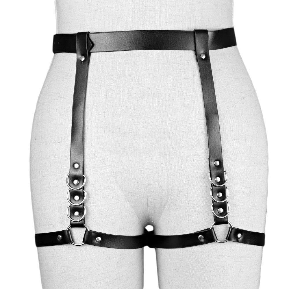 Gothic PU leather straps harness for women, featuring silver fittings for an edgy, erotic look.