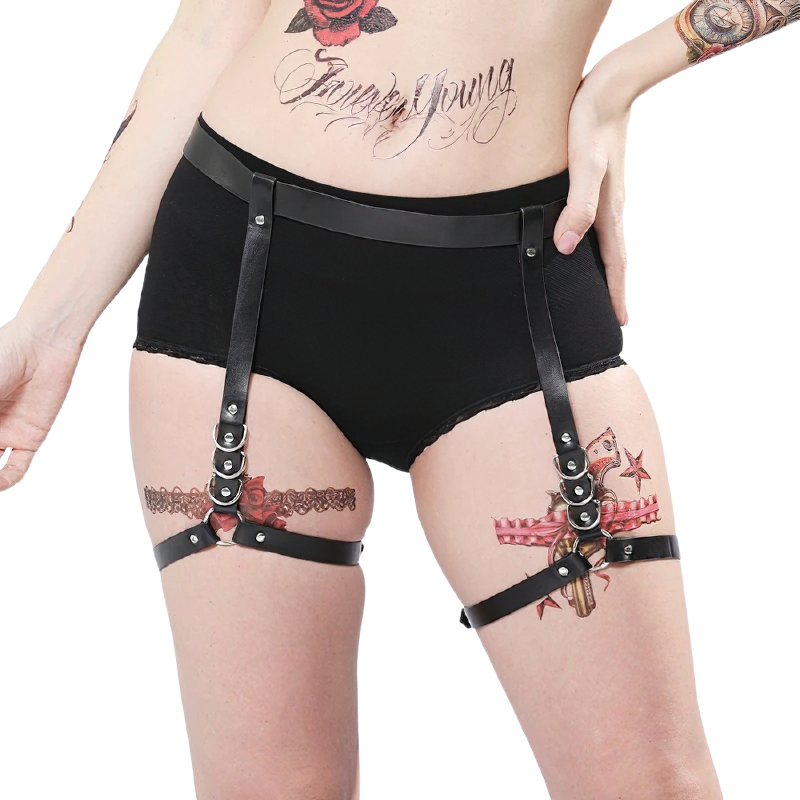 Gothic-style erotic PU leather harness for women, highlighting elegance and sexuality with silver fittings.