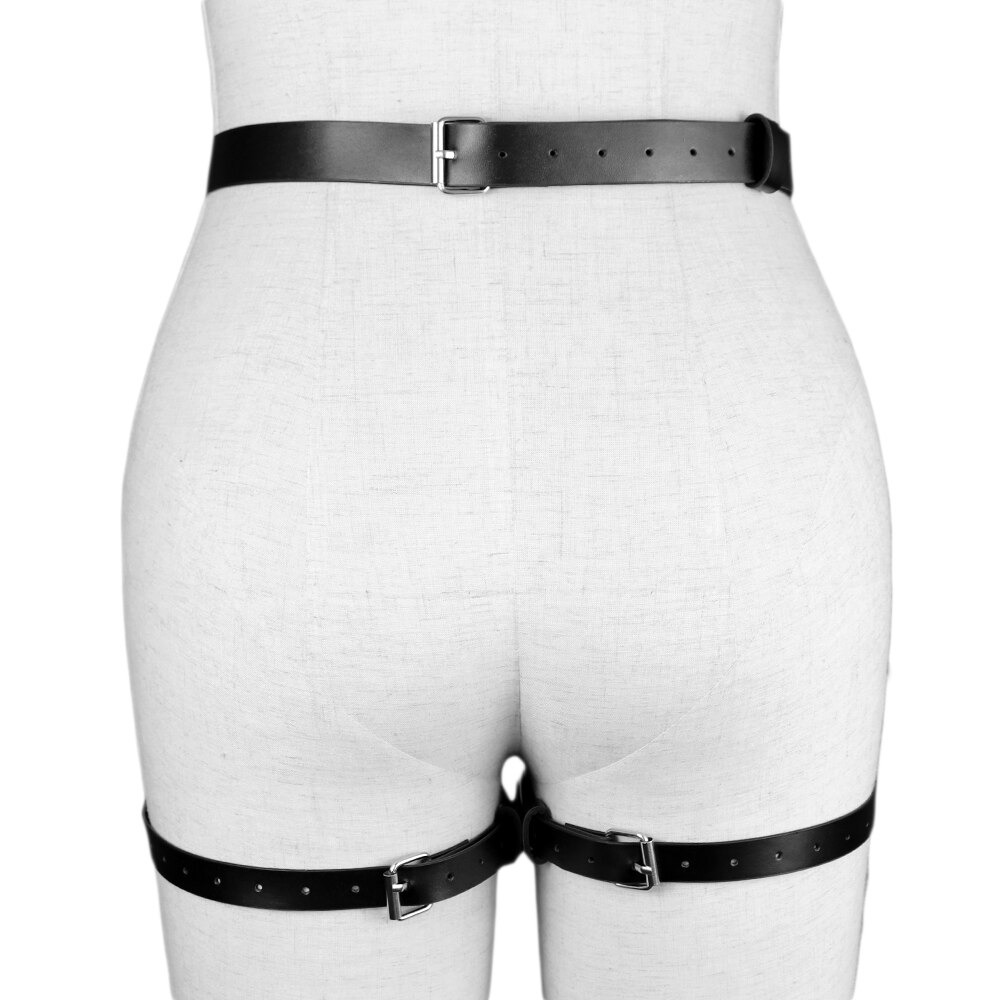Gothic PU leather harness for women, featuring adjustable straps and silver fittings, perfect for intimate wear.