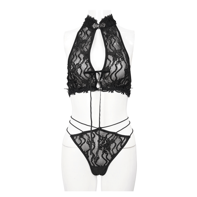 Gothic black transparent lace two-piece lingerie set featuring a unique halter top and elegant straps.