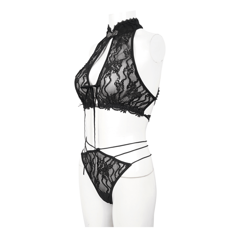 Elegant black lace two-piece lingerie set showcasing gothic style and sensual design on a mannequin.