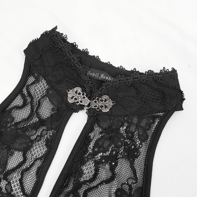 Close-up of Gothic black lace lingerie set featuring intricate beading and elegant floral design.