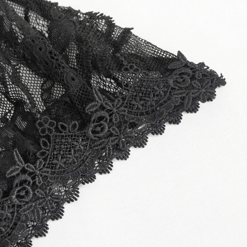 Close-up of elegant black lace fabric featuring intricate floral patterns, perfect for gothic lingerie.