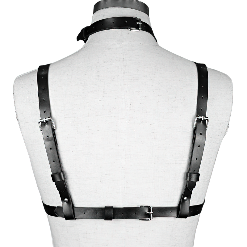 Back view of a stylish women's PU leather body harness with silver rivets, ideal for gothic lingerie looks.