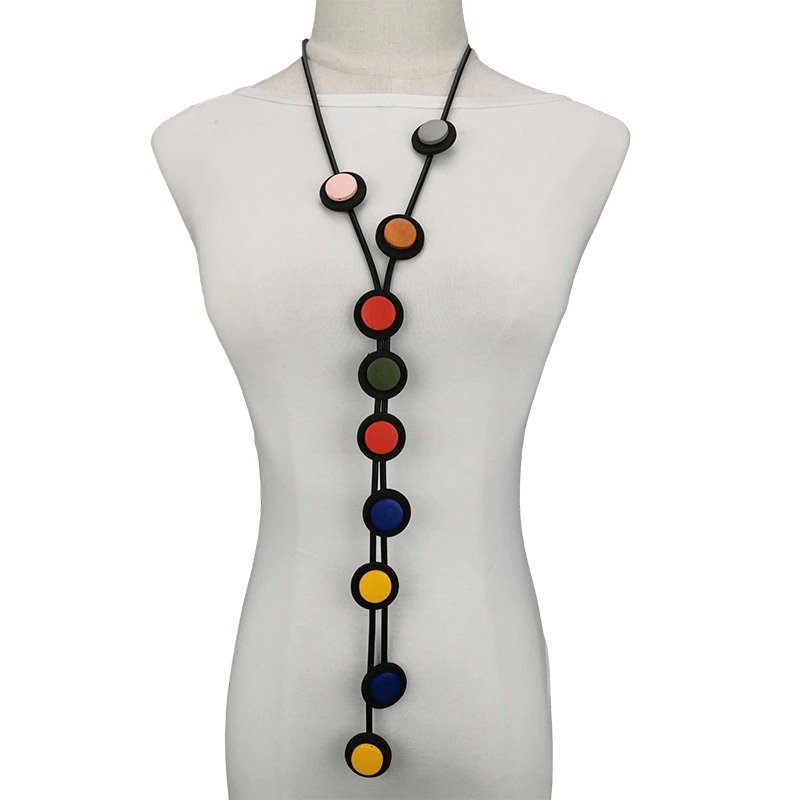 Ethnic long pendant necklace for women, featuring colorful rubber beads in gothic style, perfect accessory for unique outfits.