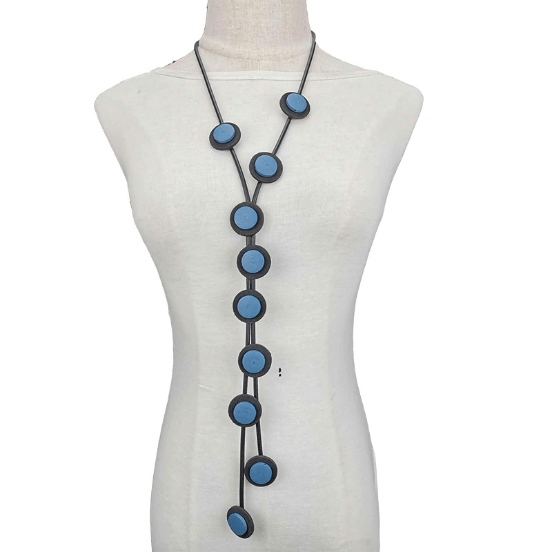Elegant ethnic long rubber necklace with blue accents, perfect gothic accessory for women.