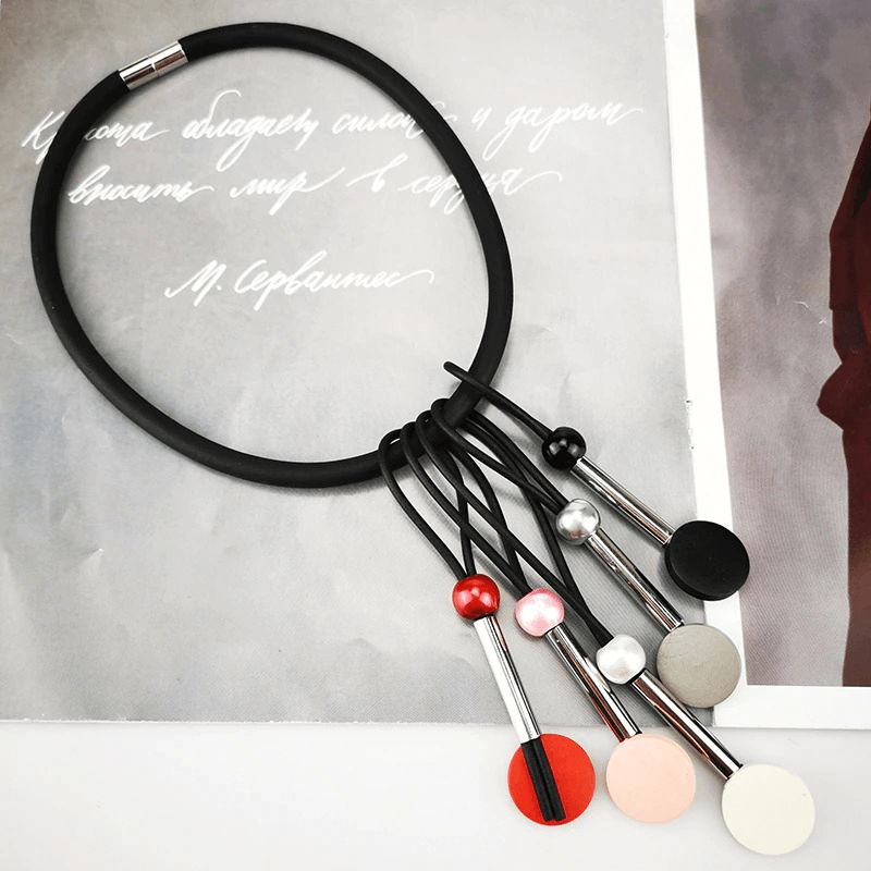 Handmade ethnic necklace for women with multicolor beads on a black silicone choker, perfect for ethnic outfits.