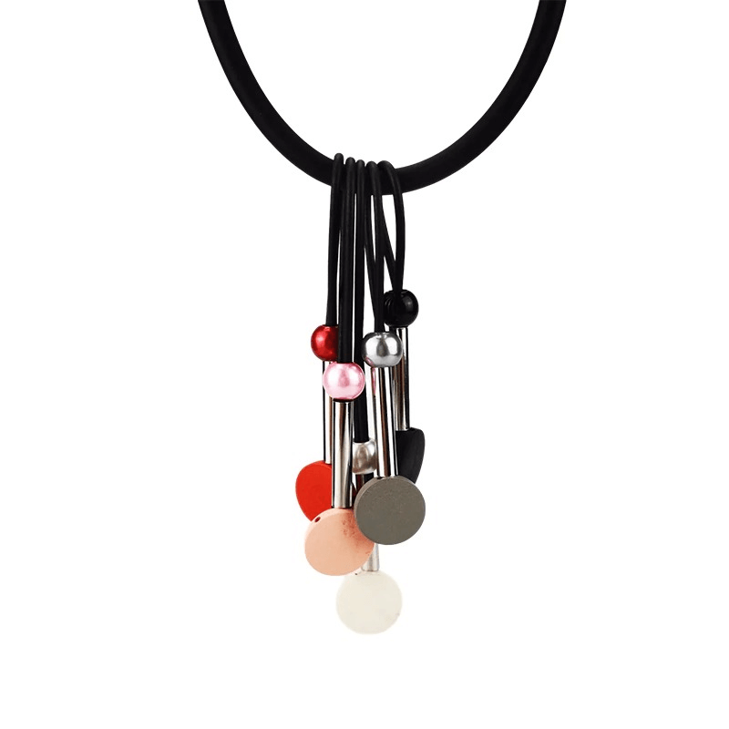 Ethnic women's necklace with multicolor beads on a black silicone choker, perfect for adding flair to any outfit.