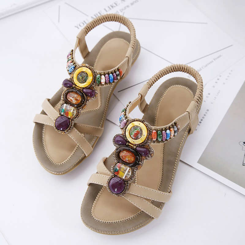 Ethnic style women's beaded sandals featuring colorful stone decorations and elastic band closure, perfect for summer outfits.