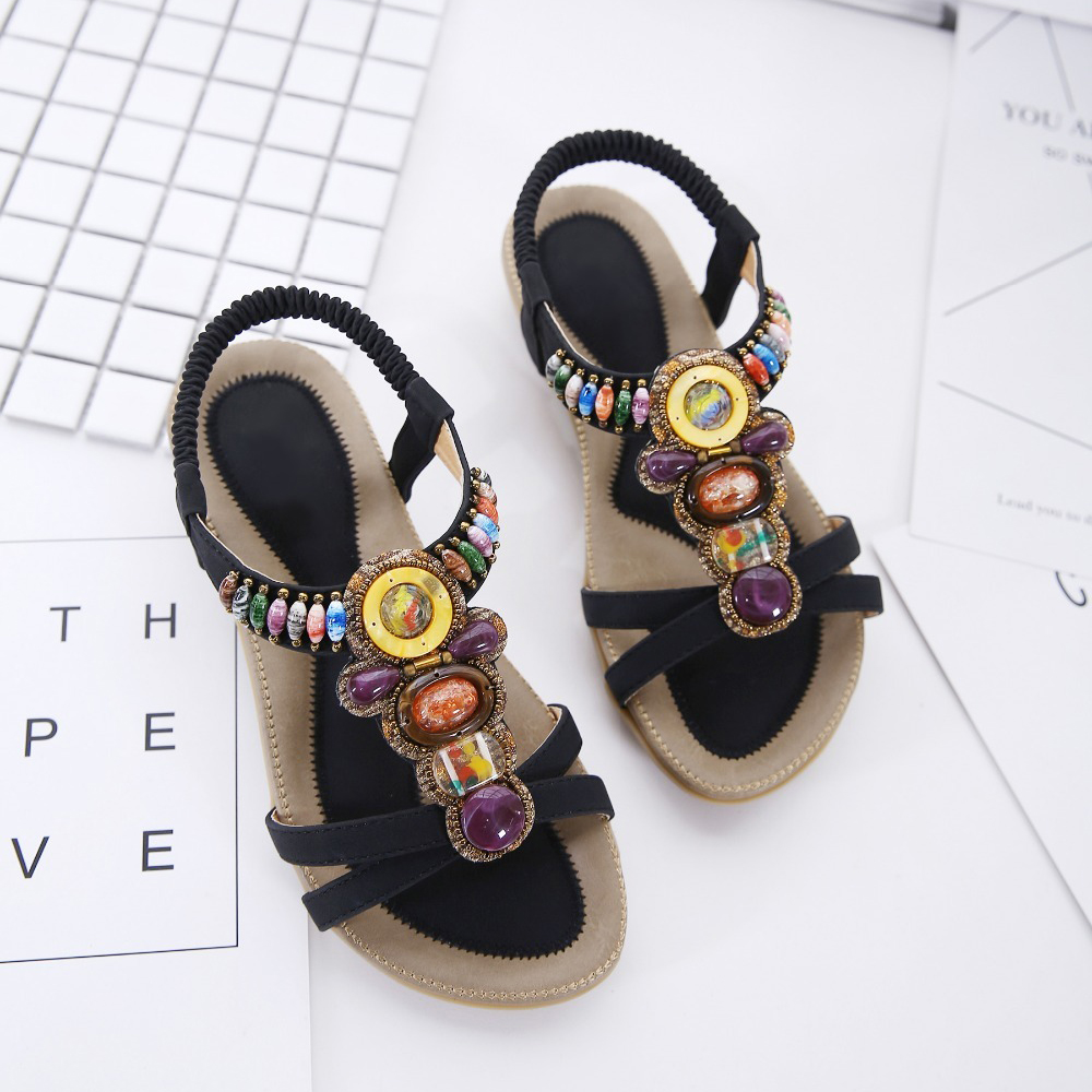 Ethnic style women's beaded sandals with colorful stone decorations, perfect for summer outfits.