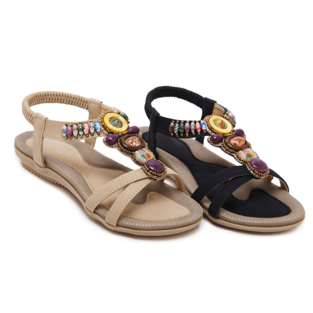 Ethnic style women's beaded sandals in beige and black with colorful stone decorations, perfect for summer outfits.