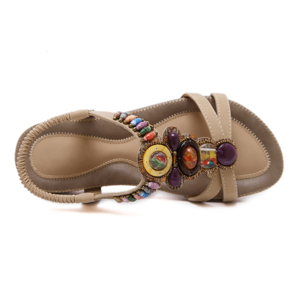 Ethnic style women's beaded sandals featuring colorful stone decorations and elastic band closure, perfect for summer outfits.