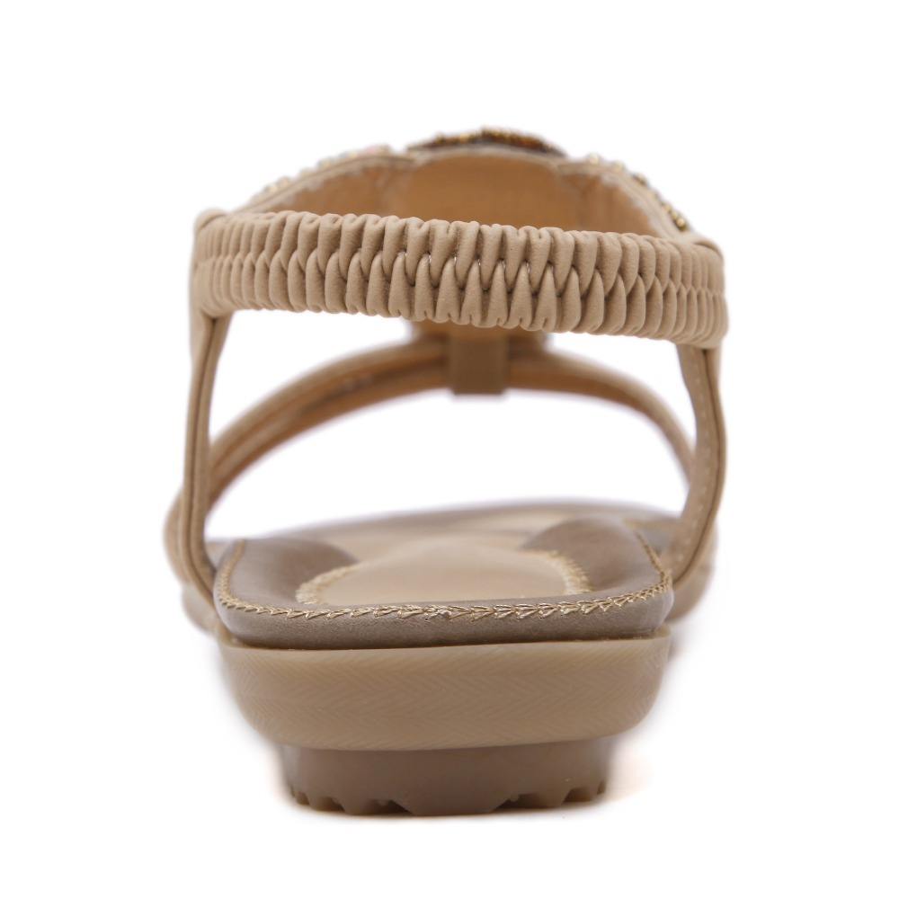Back view of ethnic style women's beaded sandals with braided elastic band and soft sole, perfect for summer outings.