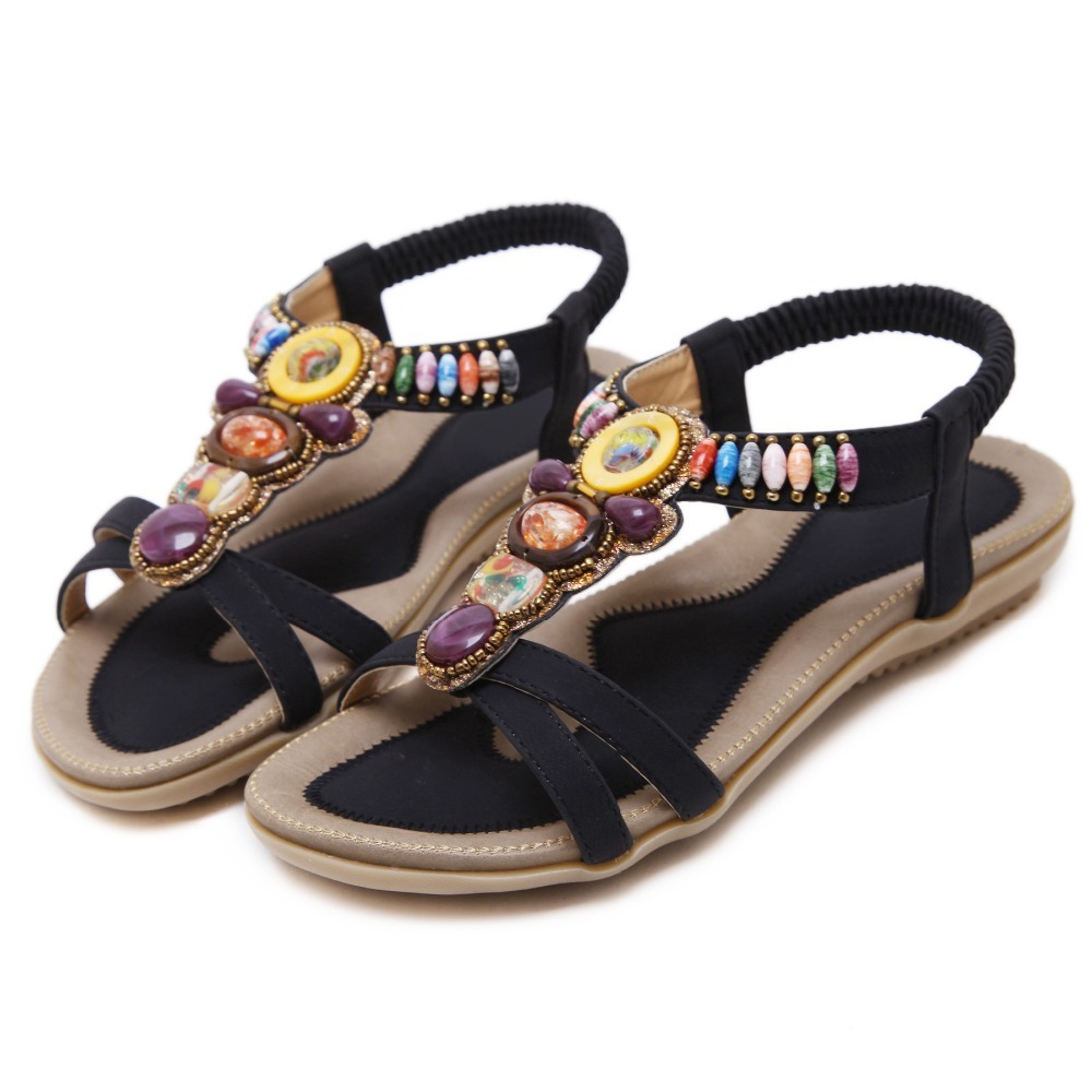 Ethnic style women's beaded sandals featuring colorful stone decorations and elastic band closure, perfect for summer outfits.