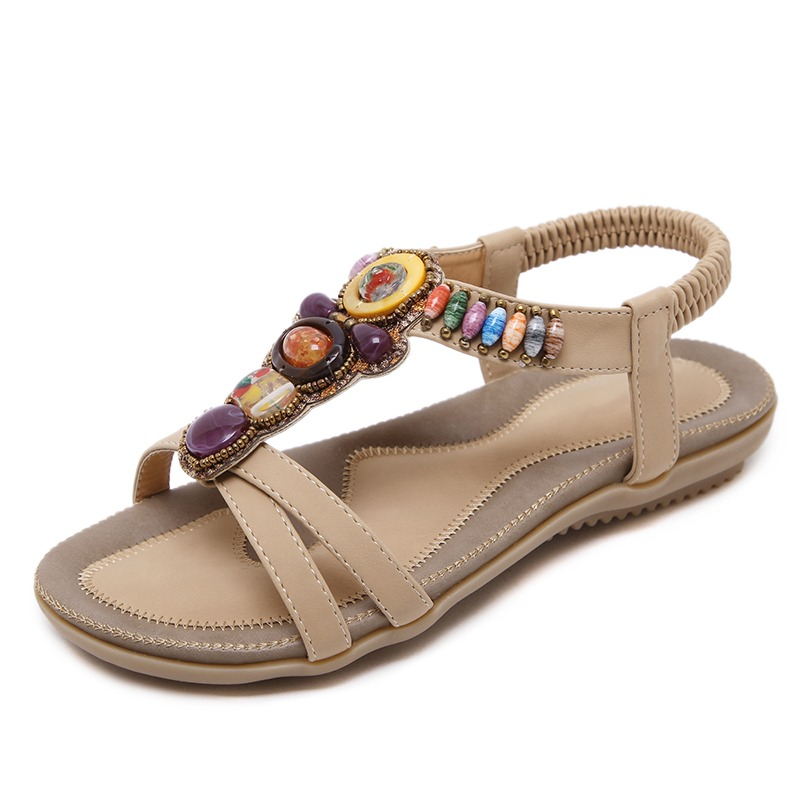 Ethnic style women's beaded sandals with colorful stone decorations for summer outfits.