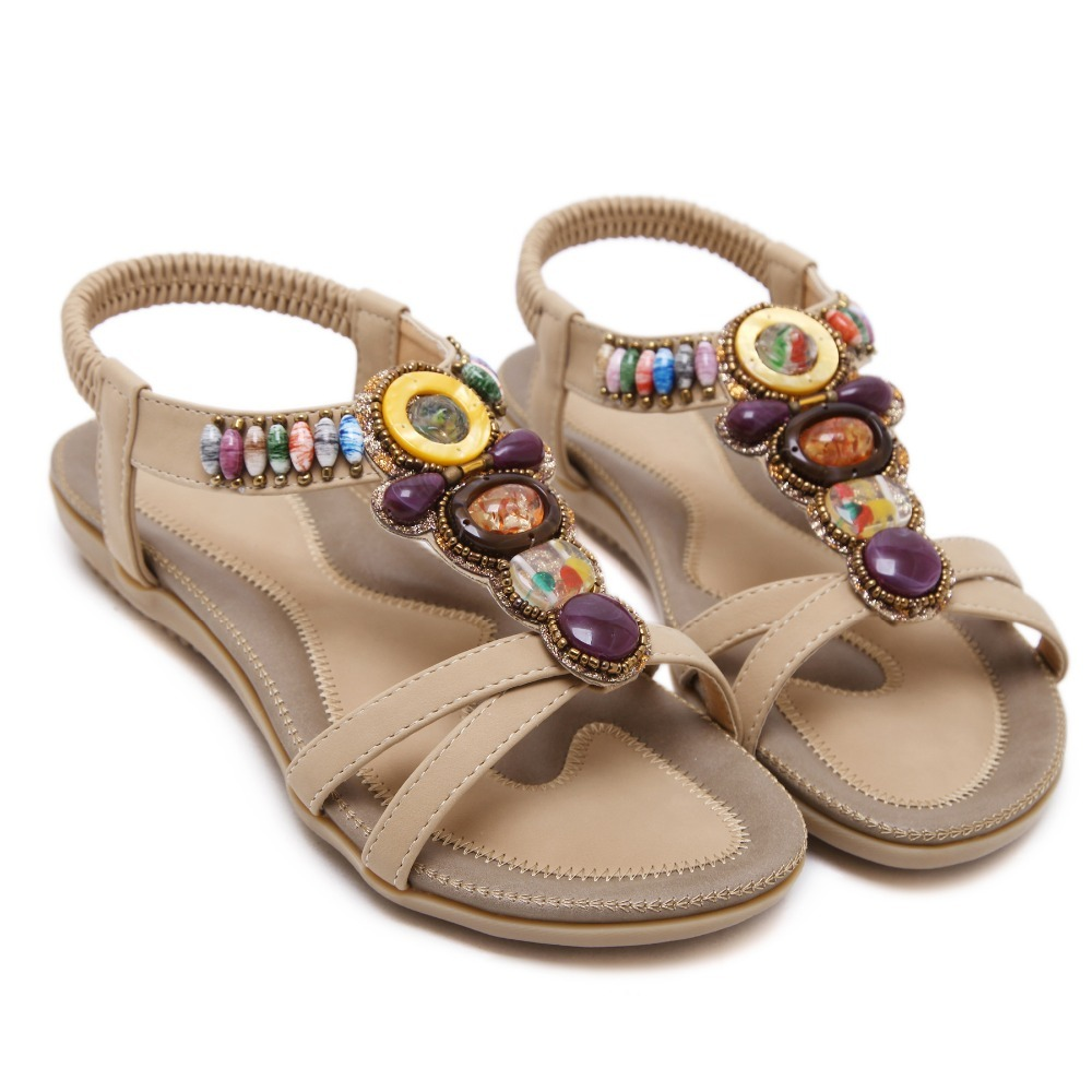Ethnic style women's beaded sandals with colorful stone decorations and elastic closure, perfect for summer outfits.