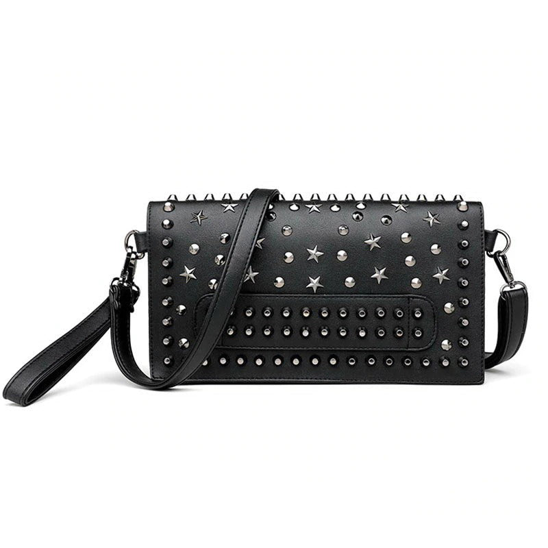 Black evening clutch bag in rock style with star studs and rivets, perfect for a stylish night out.