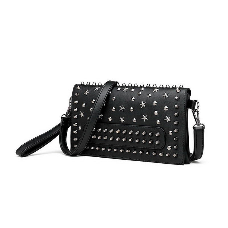 Evening clutch women's bag in rock style, adorned with rivet stars and faux leather, perfect for any rock outfit.