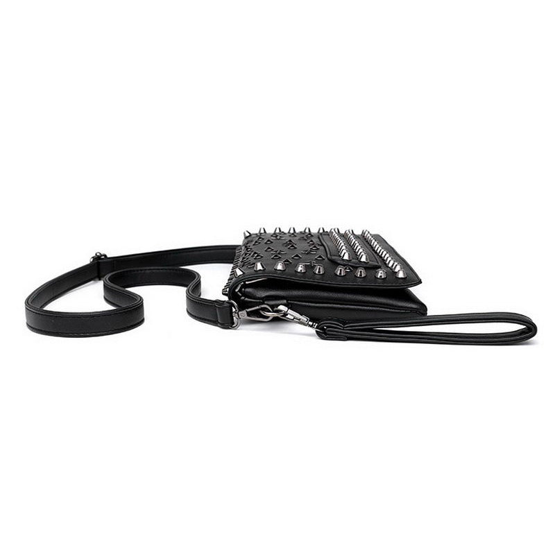 Side view of a black evening clutch bag with rivets, featuring a stylish strap, perfect for rock-inspired outfits.