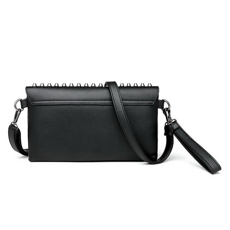Black evening clutch bag with rock style, rivet stars, faux leather, and adjustable strap for women.