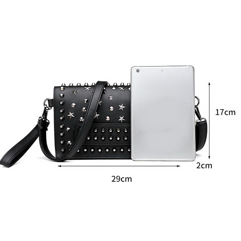 Evening clutch bag in rock style with rivets and star studs, showing dimensions next to a tablet.