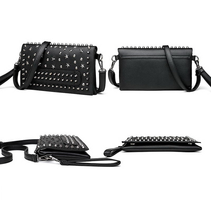 Black evening clutch bag with rivets and star studs, versatile rock style shoulder bag for women.