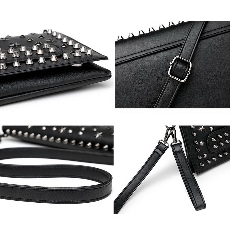 Close-up of women's rock style evening clutch bag featuring rivets, star studs, and detachable shoulder strap.