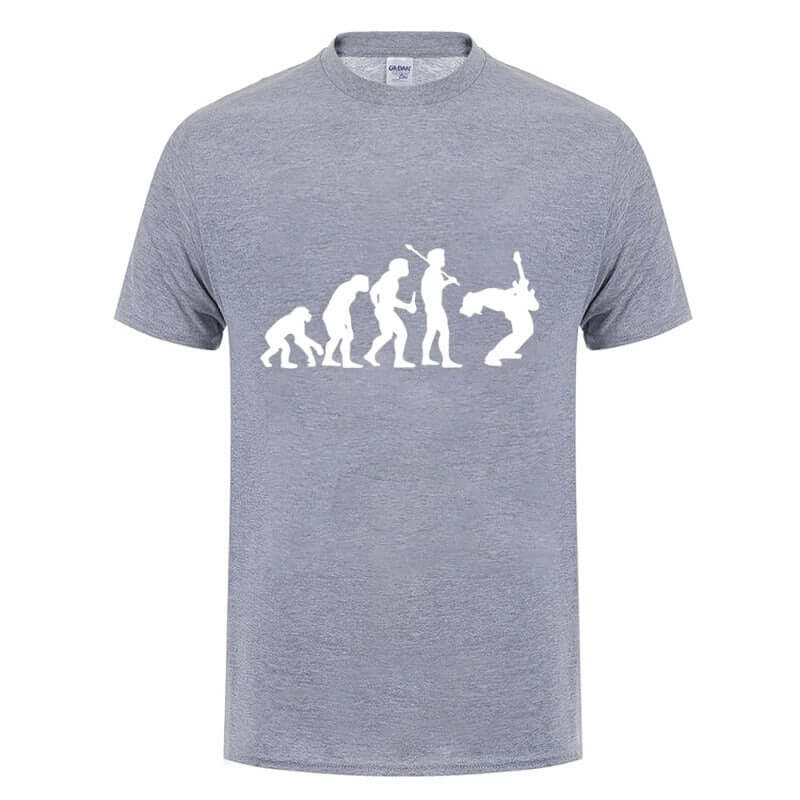 Evolution of a Guitarist graphic T-shirt in gray, featuring fun evolution design for rock style enthusiasts.