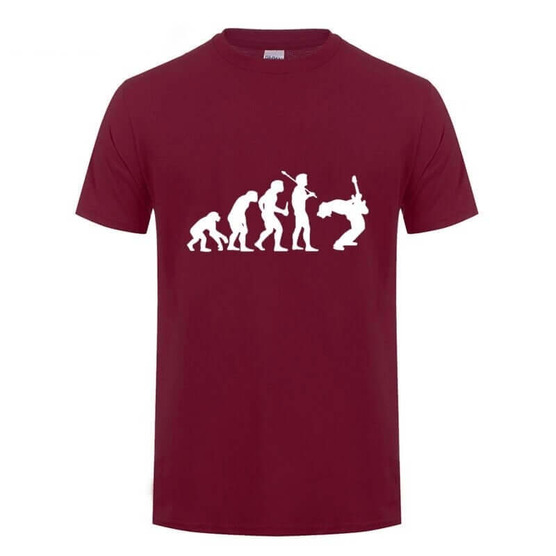 Unisex 'Evolution of a Guitarist' graphic t-shirt in maroon, showcasing a fun evolution design.