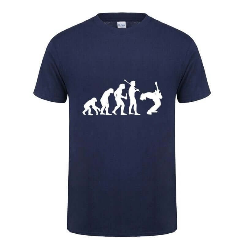 Navy blue unisex t-shirt featuring the evolution of a guitarist graphic in white.