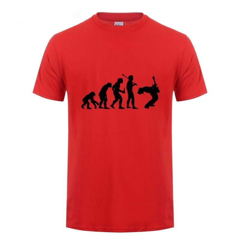 Red unisex 'Evolution of a Guitarist' graphic T-shirt featuring a rock style design.