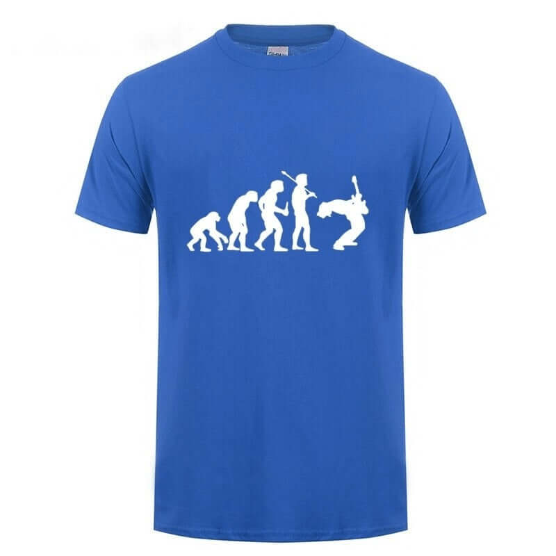 Unisex blue graphic t-shirt featuring the 'Evolution of a Guitarist' design in white.
