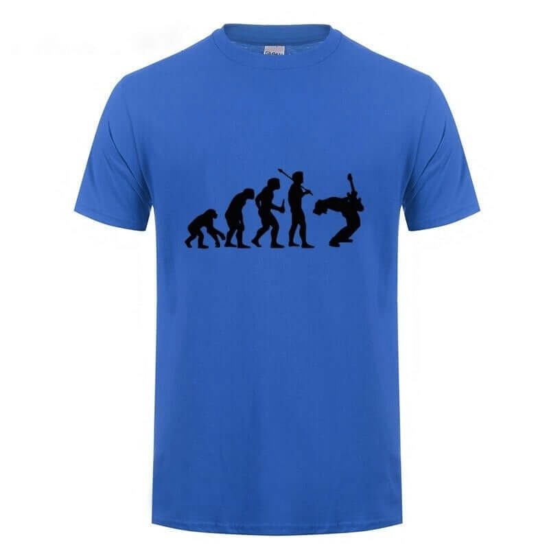 Blue unisex t-shirt featuring the evolution of a guitarist graphic in black silhouette design.