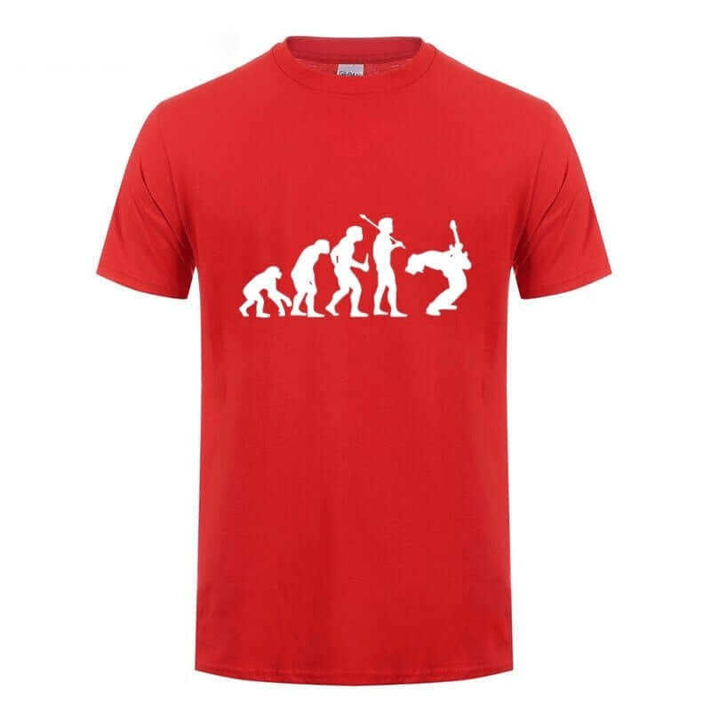 Red unisex graphic T-shirt featuring the evolution of a guitarist design, perfect for rock style lovers.