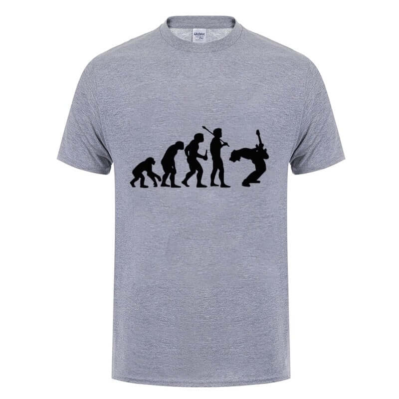 Evolution of a Guitarist graphic t-shirt featuring iconic silhouette design on a gray unisex tee.