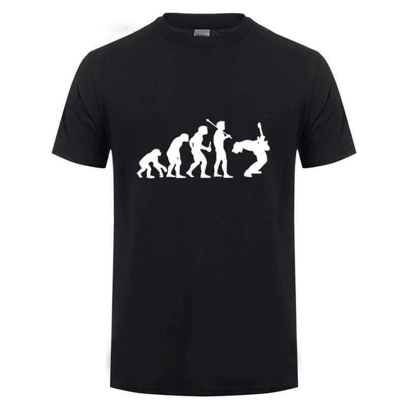 Evolution of a Guitarist graphic t-shirt in black, showcasing a cool design for rock music lovers.