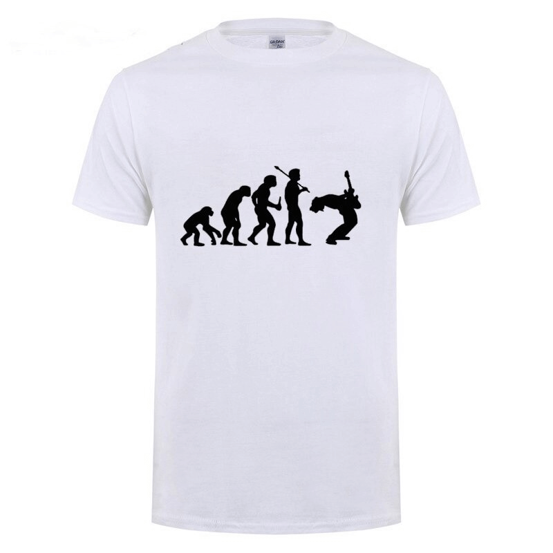 White unisex graphic t-shirt featuring the evolution of a guitarist design in black silhouette.