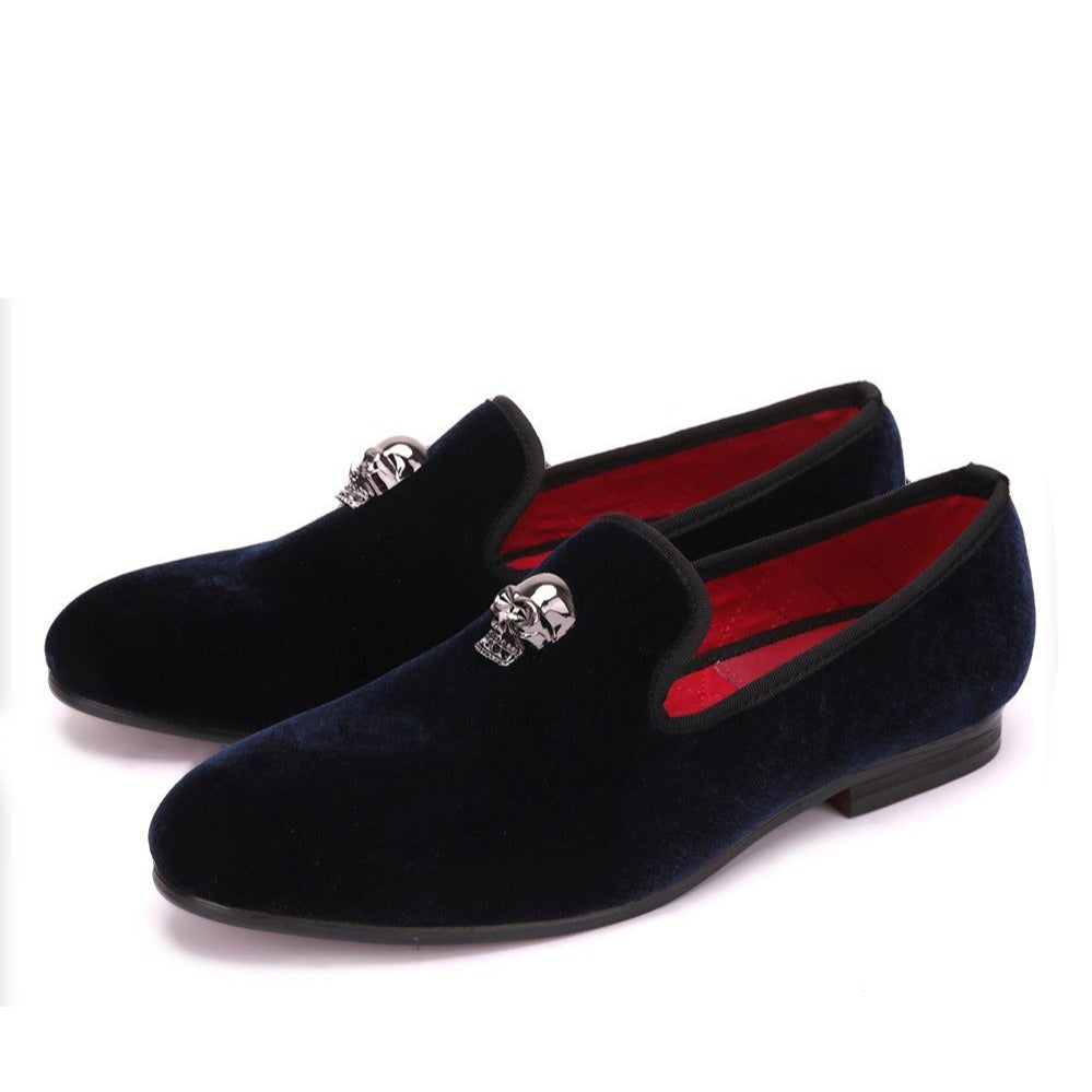 Exclusive Men Skull Buckle Rock Style Velvet Loafers / Rock and Roll outfits for guys - HARD'N'HEAVY