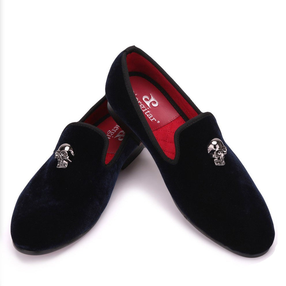 Exclusive Men Skull Buckle Rock Style Velvet Loafers / Rock and Roll outfits for guys - HARD'N'HEAVY