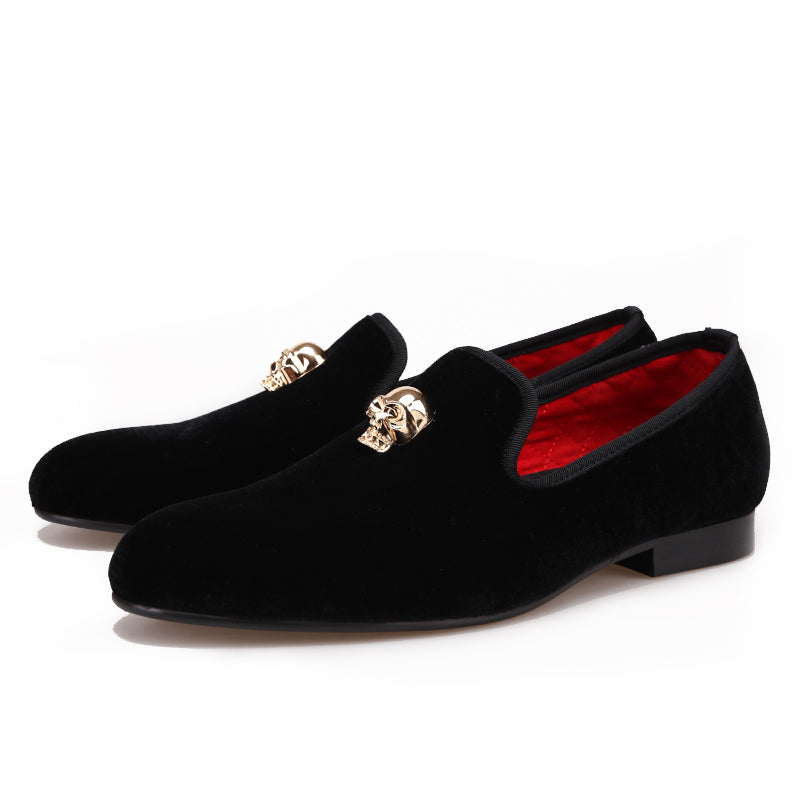 Exclusive Men Skull Buckle Rock Style Velvet Loafers / Rock and Roll outfits for guys - HARD'N'HEAVY