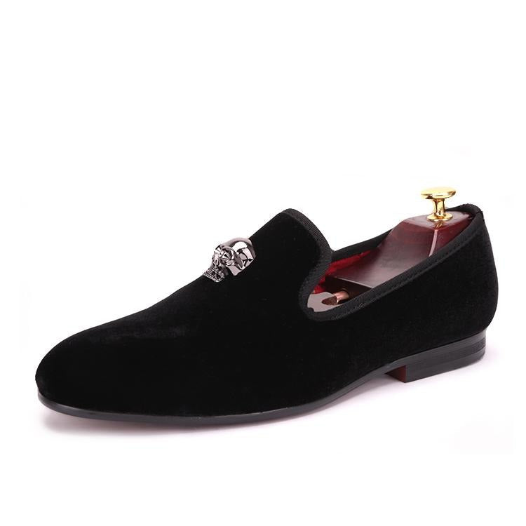 Exclusive Men Skull Buckle Rock Style Velvet Loafers / Rock and Roll outfits for guys - HARD'N'HEAVY