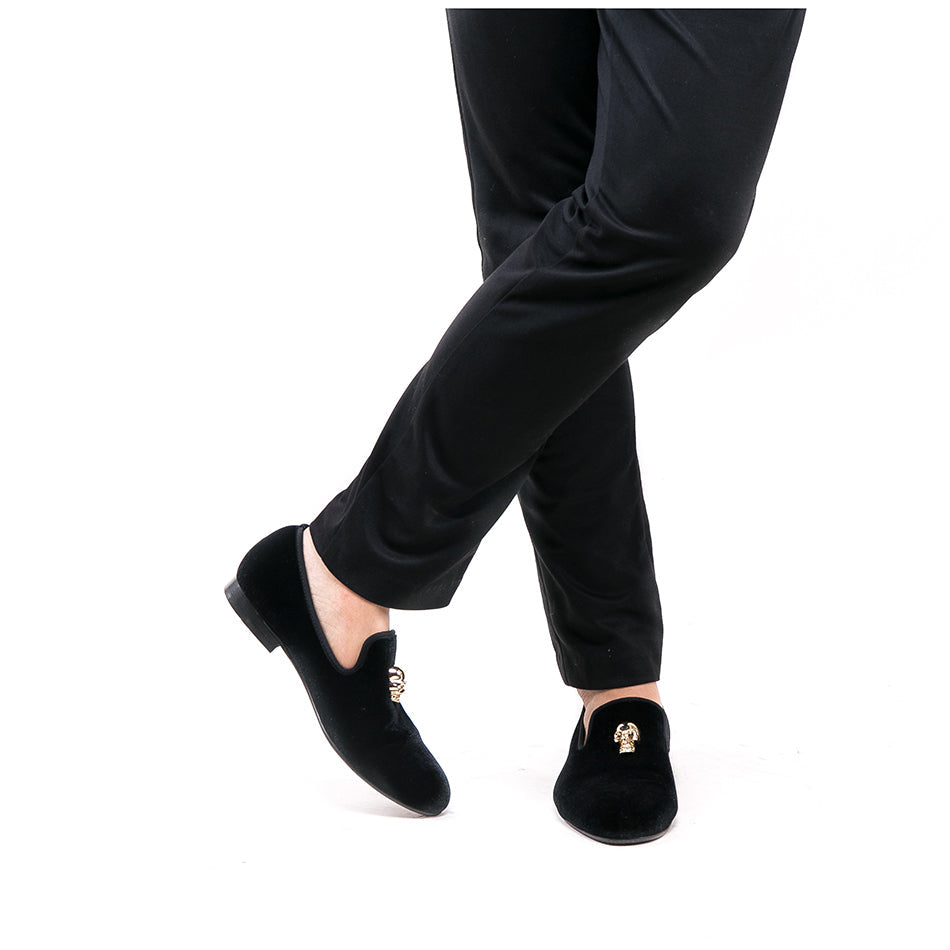 Exclusive Men Skull Buckle Rock Style Velvet Loafers / Rock and Roll outfits for guys - HARD'N'HEAVY