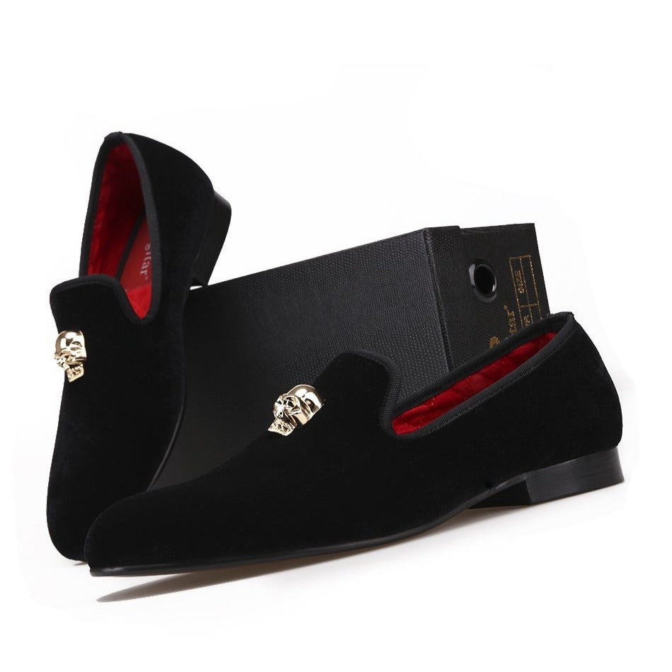 Exclusive Men Skull Buckle Rock Style Velvet Loafers / Rock and Roll outfits for guys - HARD'N'HEAVY