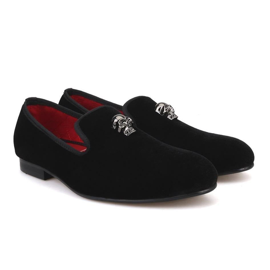 Exclusive Men Skull Buckle Rock Style Velvet Loafers / Rock and Roll outfits for guys - HARD'N'HEAVY