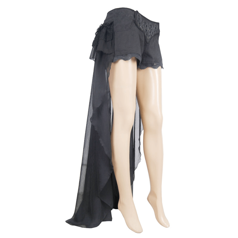 Elegant women's black gothic shorts with lace and veil tail, perfect for a stylish gothic wardrobe.