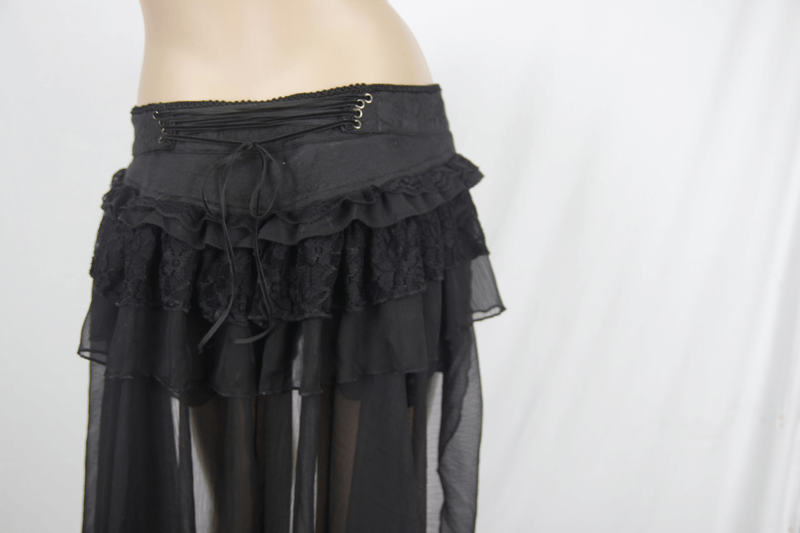Elegant black shorts with ruffled lace and sheer fabric, perfect for a gothic-inspired women's outfit.