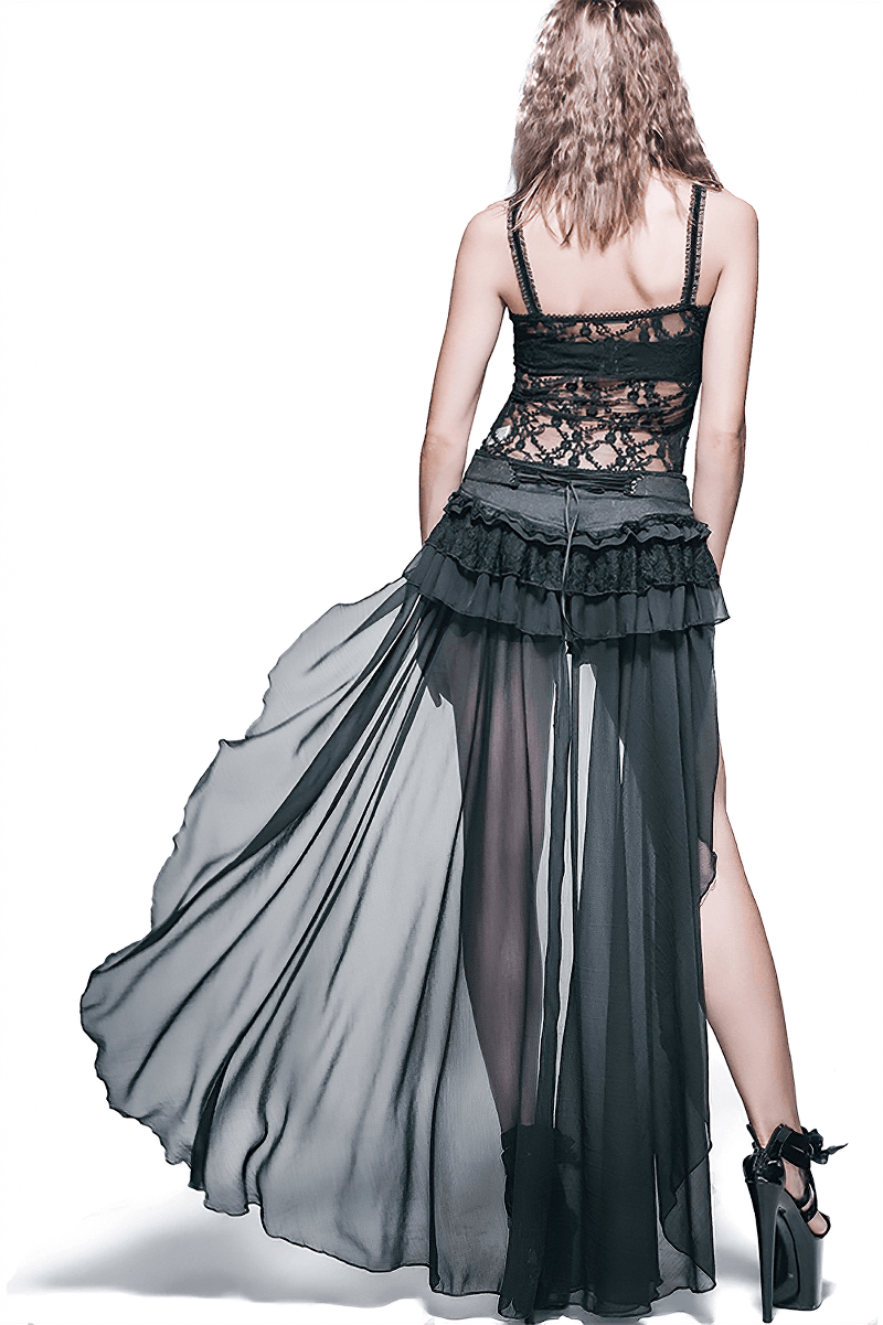 Elegant gothic-style black dress with lace and flowing sheer tail, showcasing a stylish back and ruffled hem.