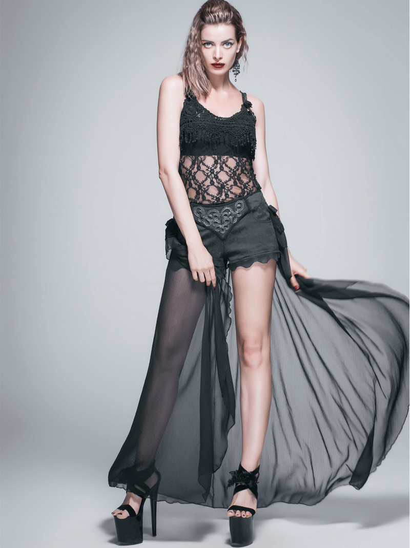 Elegant model wearing black lace shorts with a veil tail, showcasing gothic style fashion.